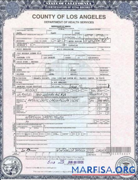 Realistic USA California Death Certificate template in PSD format